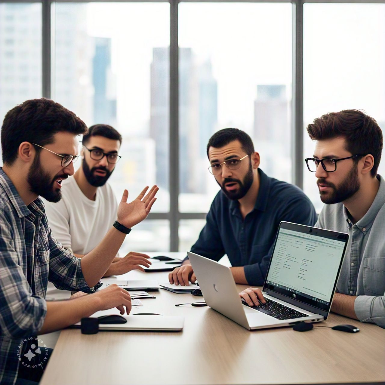 imagem de um grupo de quatro programadores sentado em uma mesa discutindo sobre sistemas