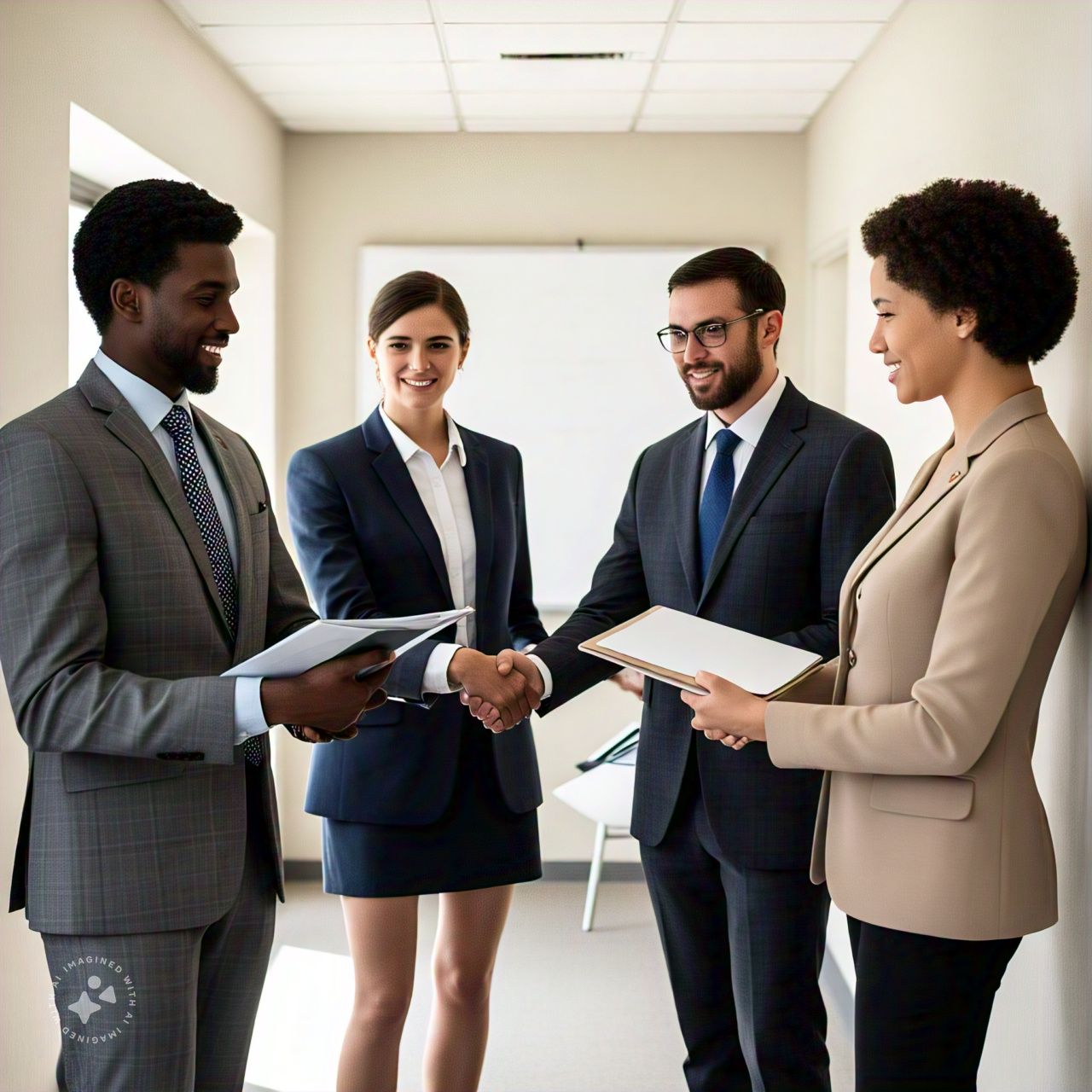 imagem de um grupo de pessoas discutindo em um corredor sobre trabalho